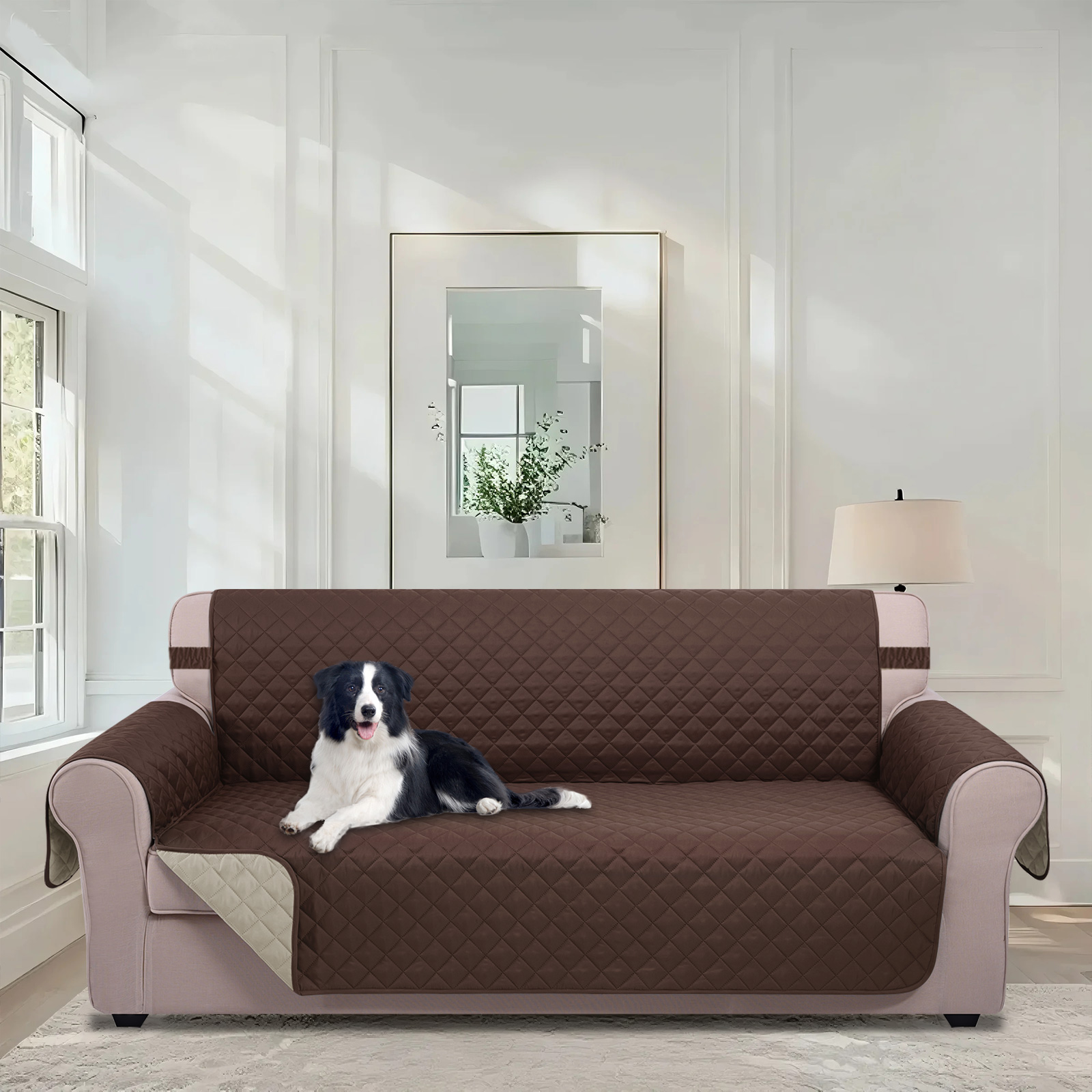 U-NICE HOME Reversible Sofa Cover 3-Seater, Washable, Water Repellent, Elastic Straps, Chocolate/Beige - Image 3