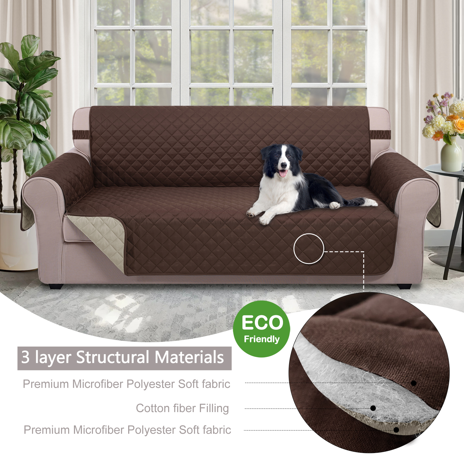 U-NICE HOME Reversible Sofa Cover 3-Seater, Washable, Water Repellent, Elastic Straps, Chocolate/Beige - Image 6