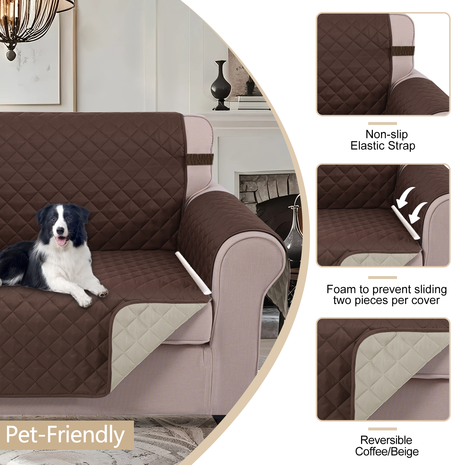 U-NICE HOME Reversible Sofa Cover 3-Seater, Washable, Water Repellent, Elastic Straps, Chocolate/Beige - Image 5