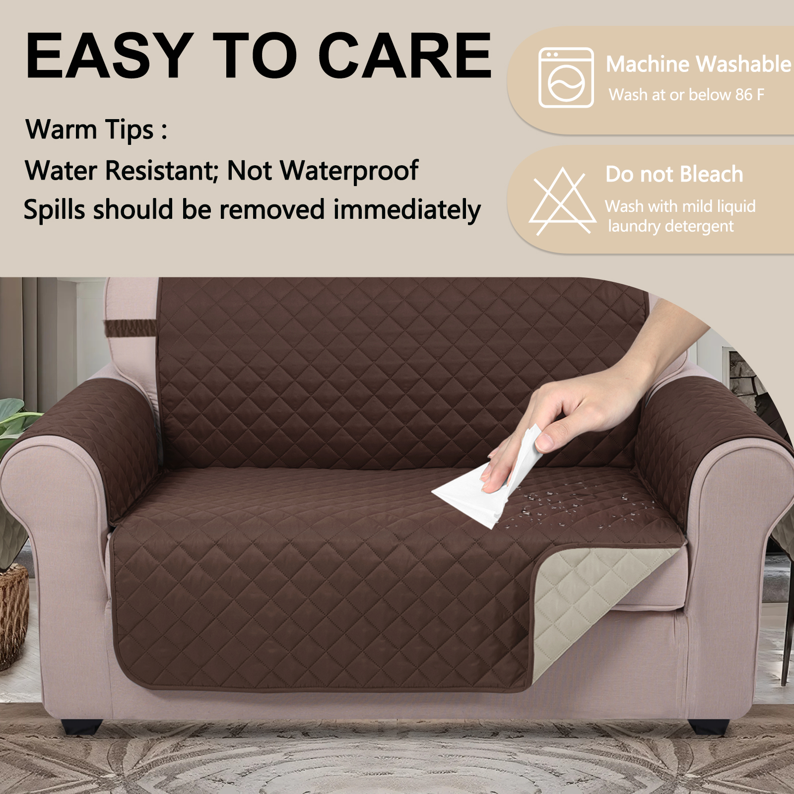 U-NICE HOME Reversible Sofa Cover 3-Seater, Washable, Water Repellent, Elastic Straps, Chocolate/Beige - Image 4